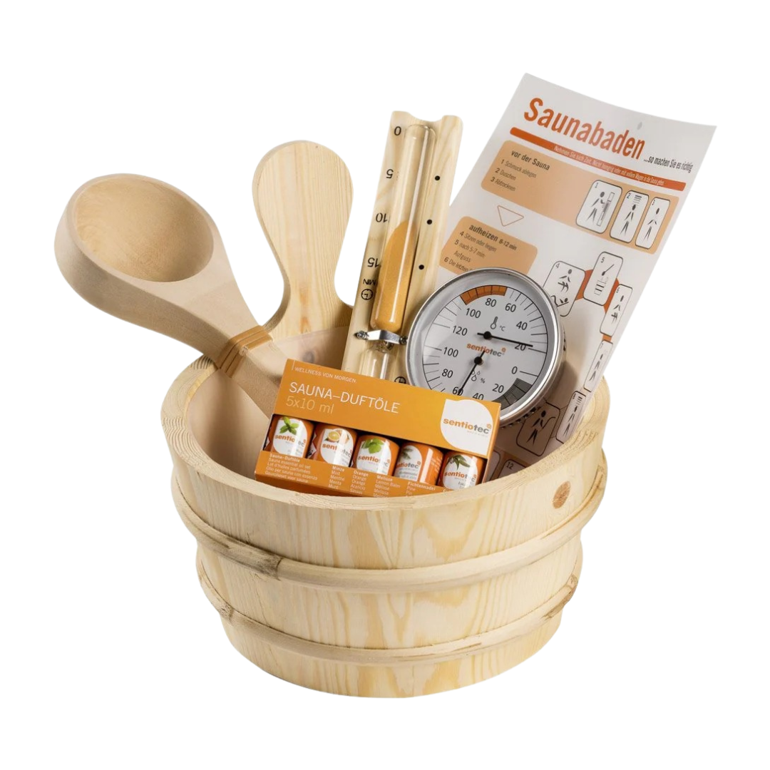 Kit accessori sauna (secchio, mestolo, clessidra, termometro, 5 fragranze e le regole di utilizzo della sauna)