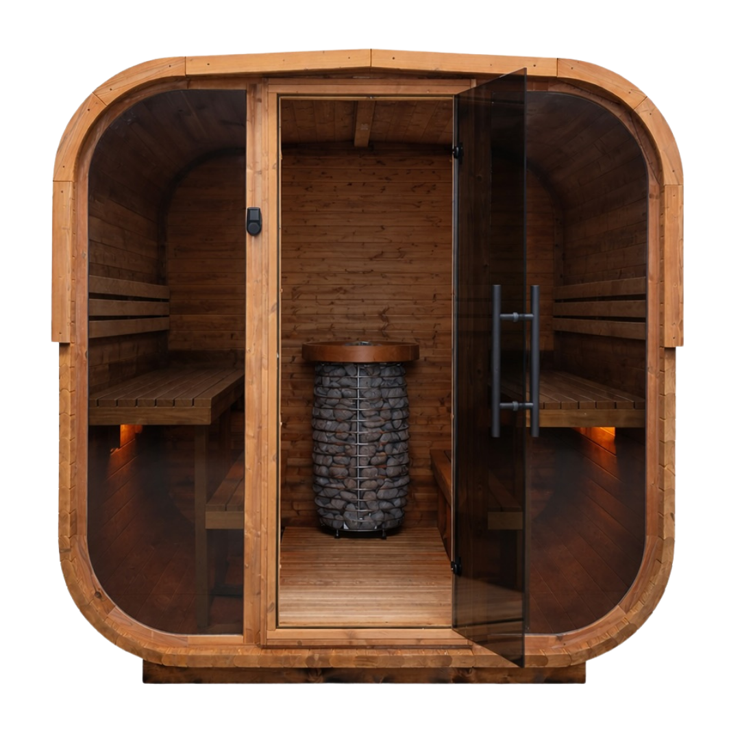 Sauna da esterno Quadra XL - Parete di fondo in legno