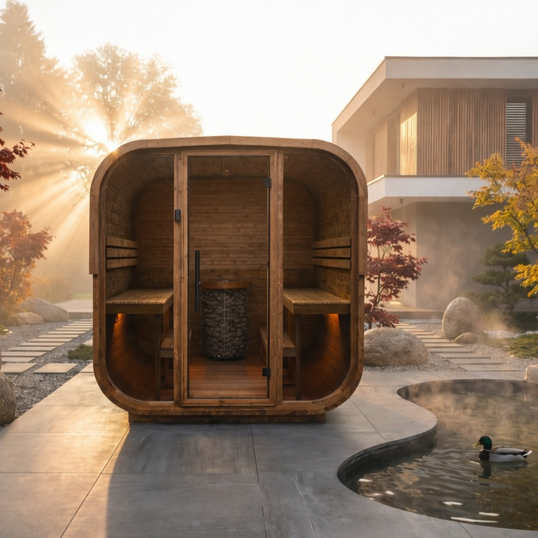 Sauna da esterno Quadra XL - Parete di fondo in legno
