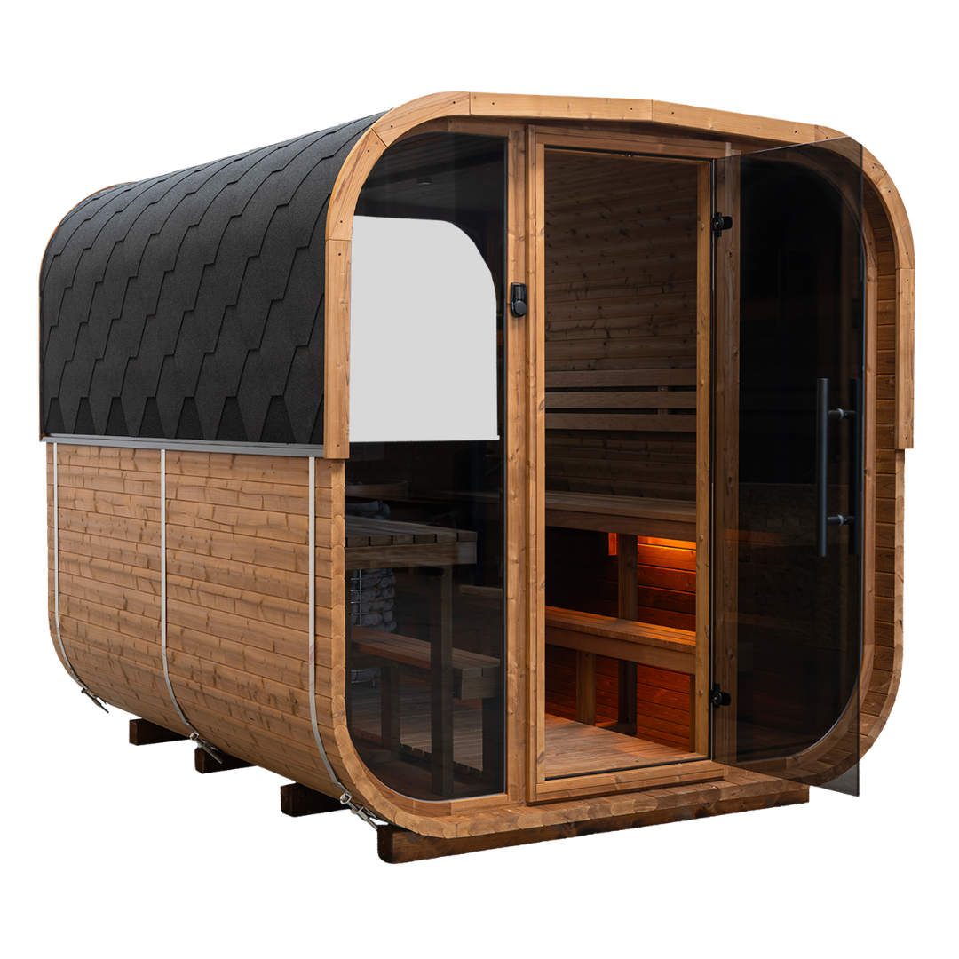 Sauna da esterno Quadra XL - Parete di fondo in Vetro