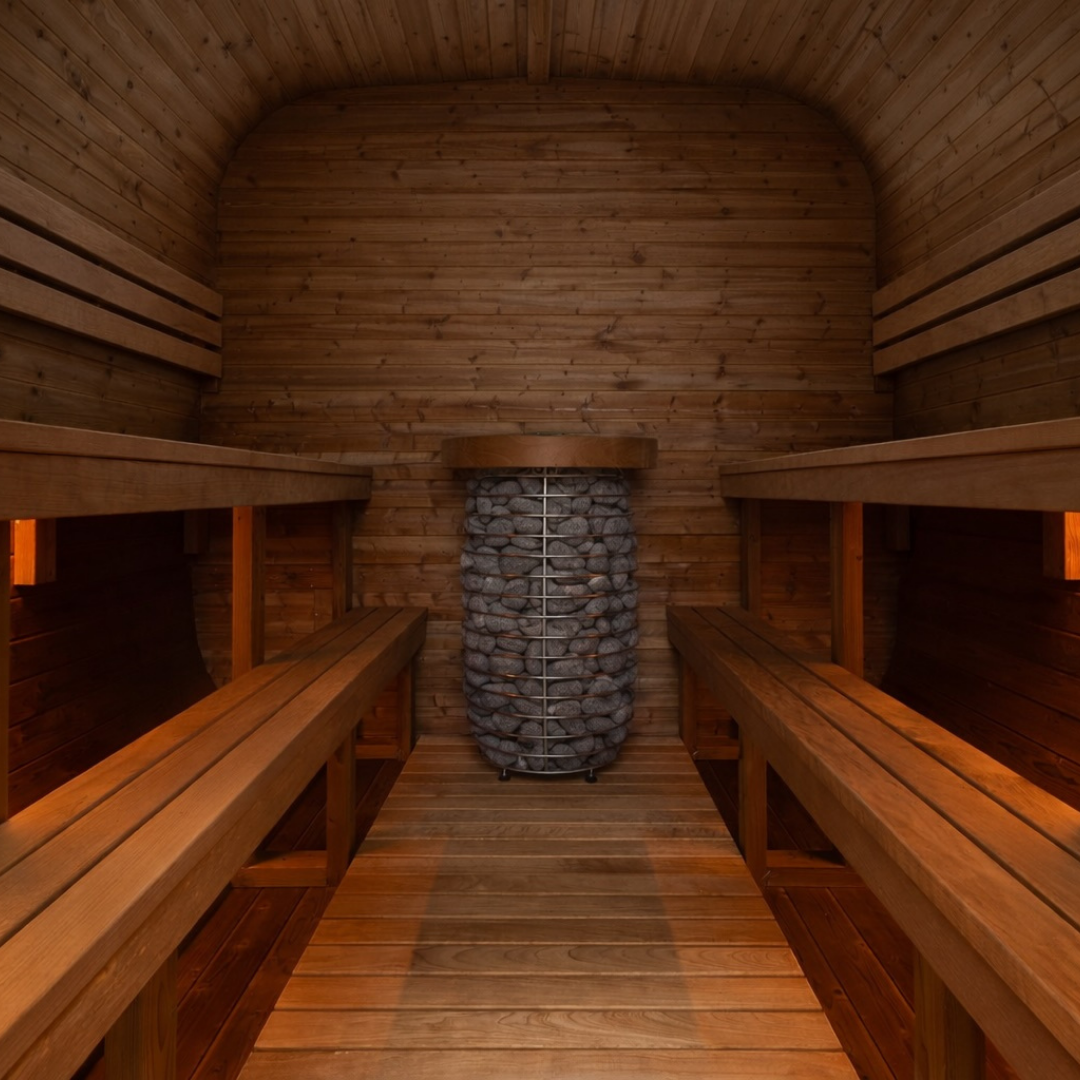 Sauna da esterno Quadra XL - Parete di fondo in legno