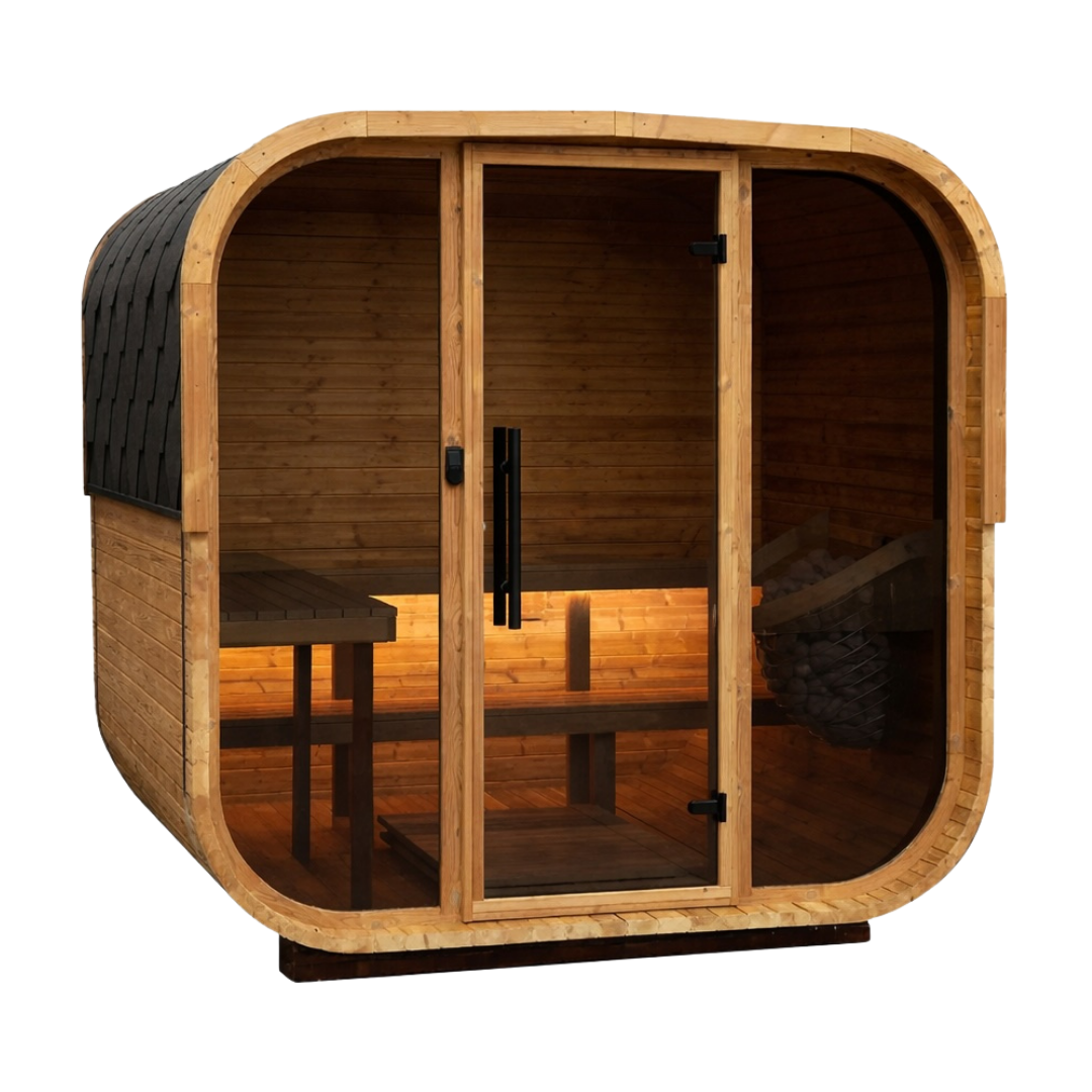 Sauna da esterno Quadra X - Parete di fondo in legno